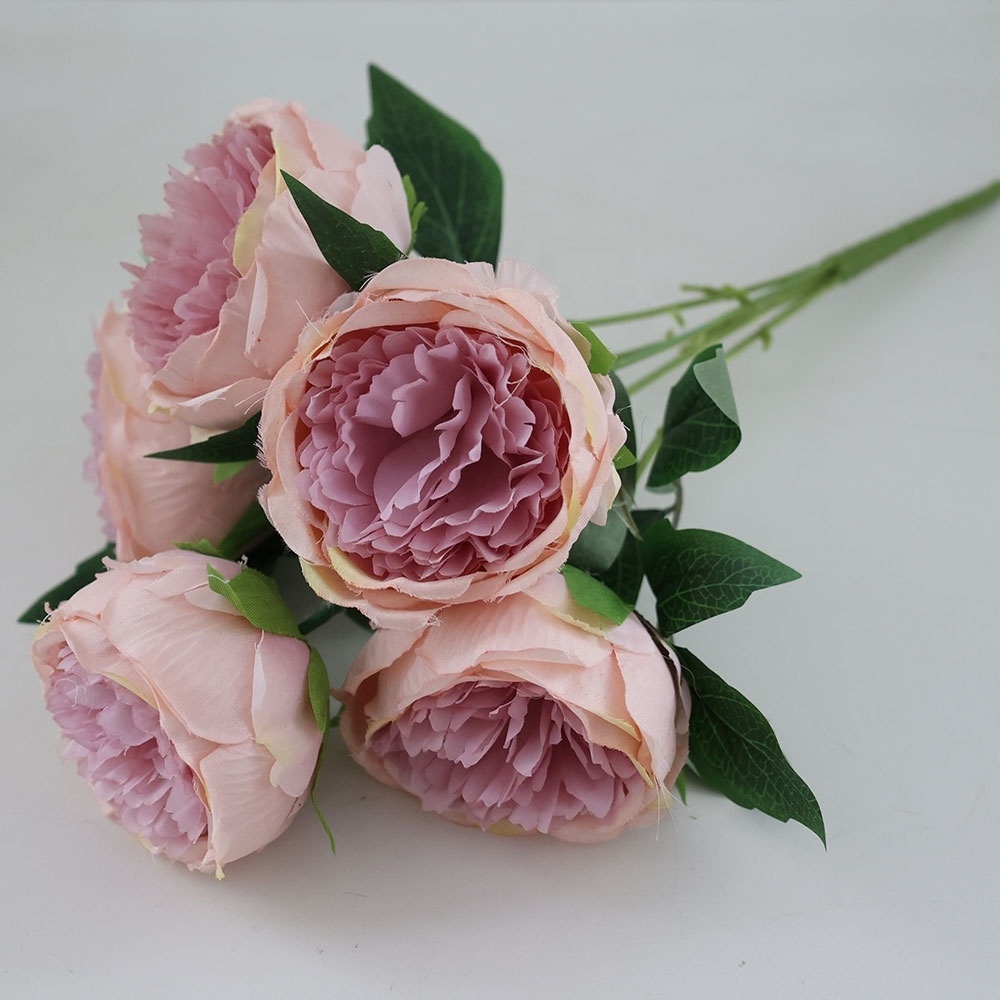 Artificial silk flower bouquets pink peony 5 branches flower holders for wedding decoration