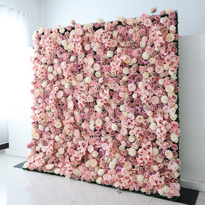 Promise 3D Roll Up Artificial Pink Silk Fake Flower Wall Backdrop Panel Wedding Decoration Flower Wall