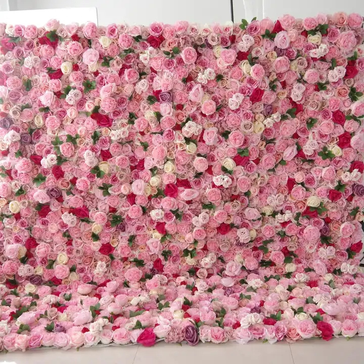 Promise 3D Roll Up Artificial Pink Silk Fake Flower Wall Backdrop Panel Wedding Decoration Flower Wall