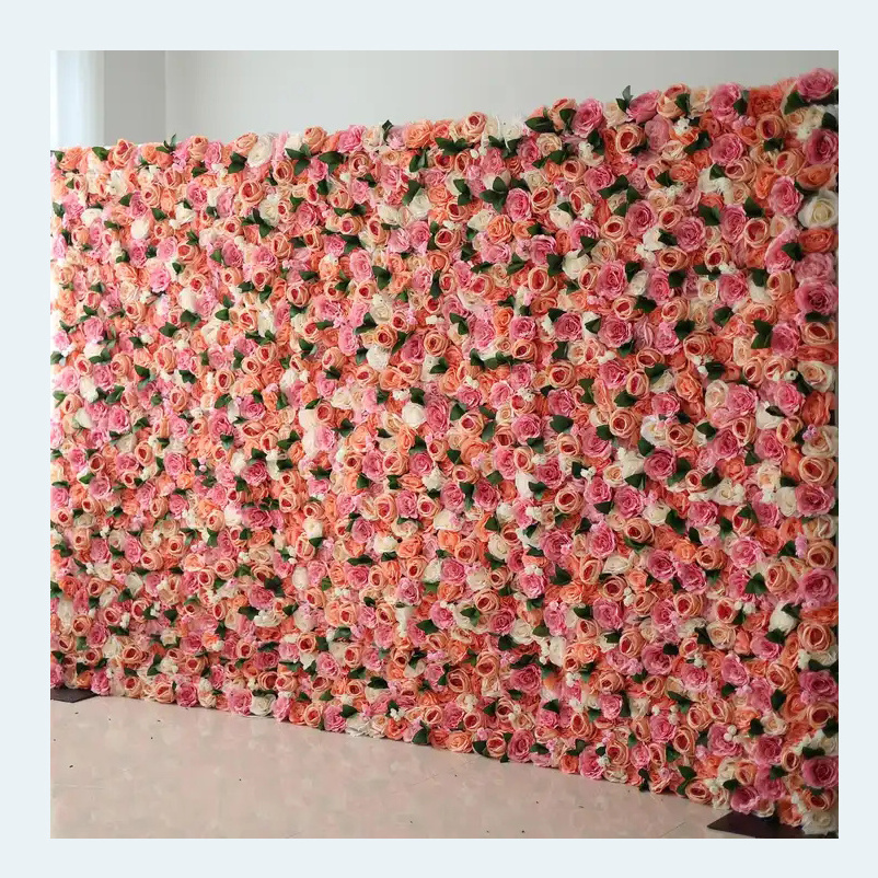 Promise 3D Roll Up Artificial Pink Silk Fake Flower Wall Backdrop Panel Wedding Decoration Flower Wall