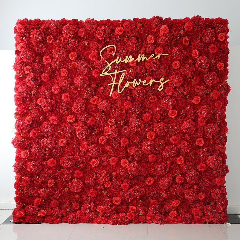 Wedding Supplier Silk 3D Artificial Flower Wall For Wedding Backdrop Decoration Cloth Back Roll Up Red Flower Wall