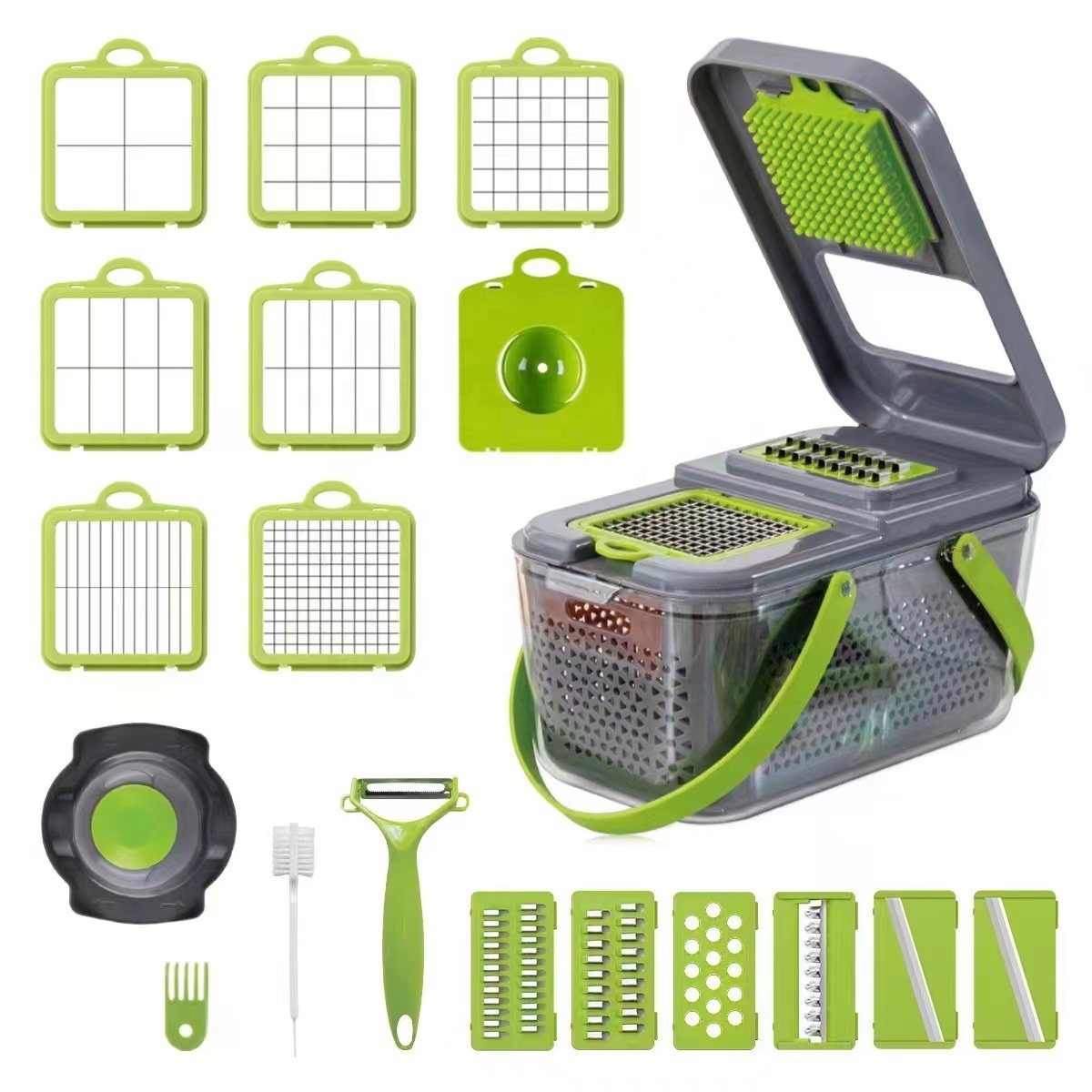 multi-purpose Manual grinder Slicer With Container sharp blade set fruit hand press 14 in 1 vegetable chopper cutter