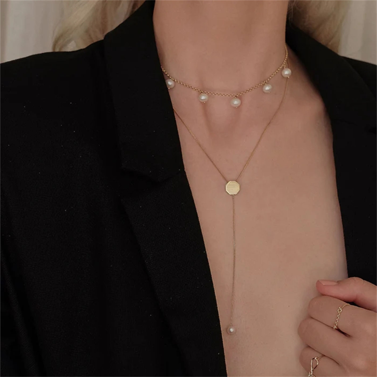 Vewant Fashion 925 Sterling Silver Custom Octagon Coin Necklace Gold Plated Roman Greek Coin Octagon Lariat Necklace With Pearl