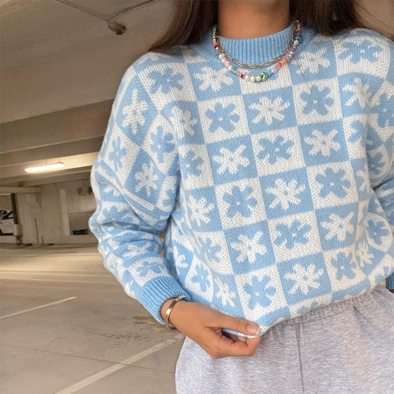 Winter 2021 Women Fashion Long Sleeve Plaid Stand Neck Korean Knitted Women's Sweater