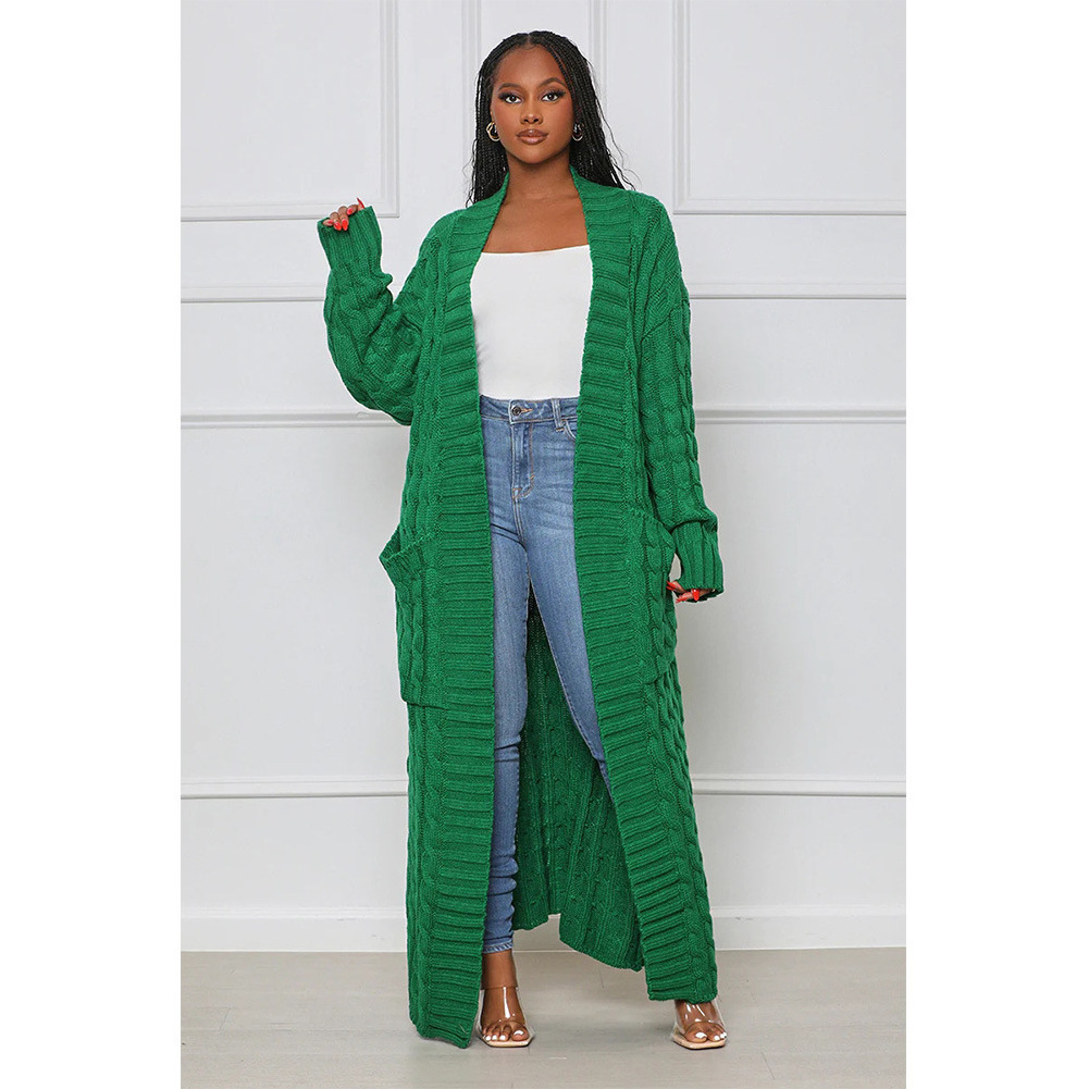 2024 New Fall Winter Solid Color Long Cardigan Fashion Pockets Sweater Coat Women Twist Knitted Cardigan