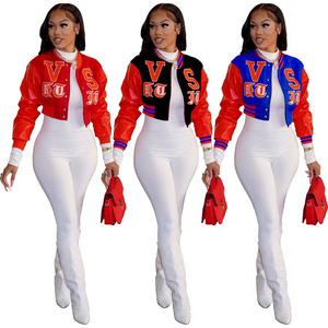 Y2K Vintage red short varsity jacket coat women 2022 fall trendy fashion streetwear sexy leather long sleeve crop varsity jacket