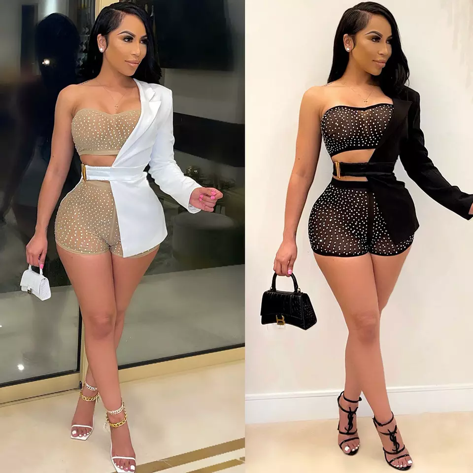 2024 Solid Suit Dress Women Body Summer One Shoulder Short Set For Woman 3 Piece Set For Women