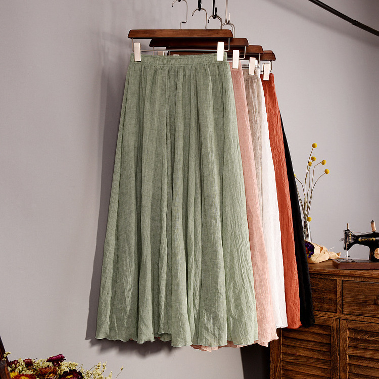 two piece ruffled elastic white solid linen sport office wear cotton 80cm pleated long skirt elegant long for women vintage