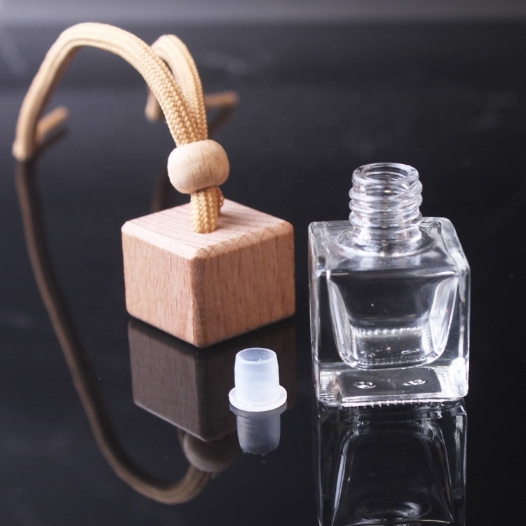 6ML High quality auto decoration wooden lid brown cotton rope car perfume glass square hang diffuser bottle