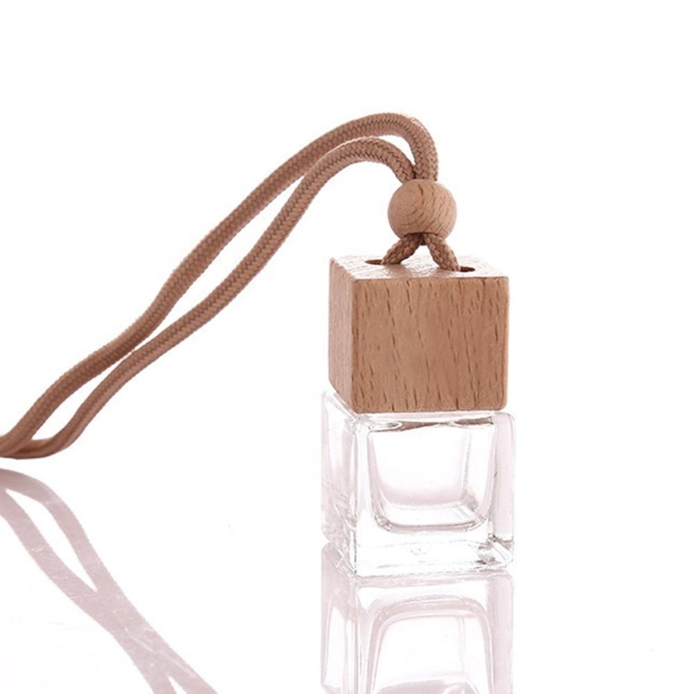 6ML High quality auto decoration wooden lid brown cotton rope car perfume glass square hang diffuser bottle