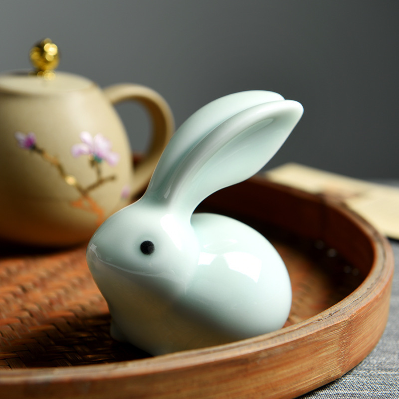 Lucky Fengshui porcelain Rabbit Figure for table top decoration Cute small ceramic rabbit figurine