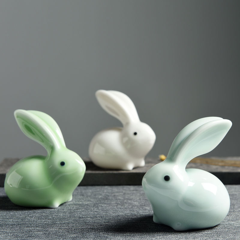 Lucky Fengshui porcelain Rabbit Figure for table top decoration Cute small ceramic rabbit figurine