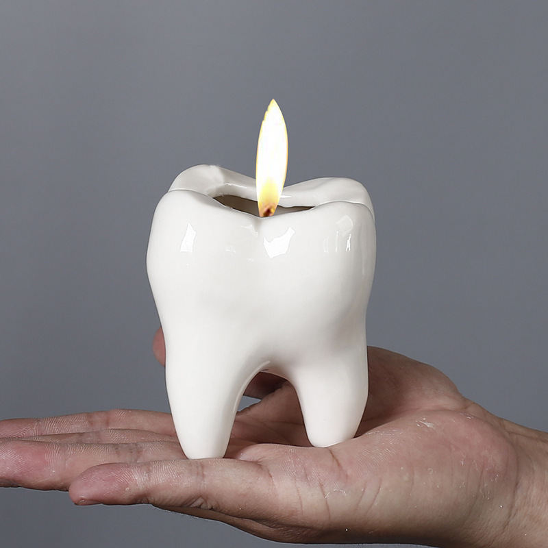 Wholesale creative home decor accessories ceramic tooth shape aromatherapy container candle holder without wax desktop ornament