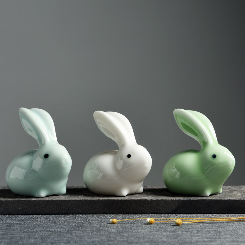 Lucky Fengshui porcelain Rabbit Figure for table top decoration Cute small ceramic rabbit figurine