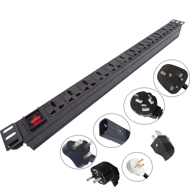 1U PDU Server Rack Power Distribution Unit 2/4/6/8/14 Way 10A 16A 230V 250V Horizontal Universal Socket Switch EU/UK/US Plug