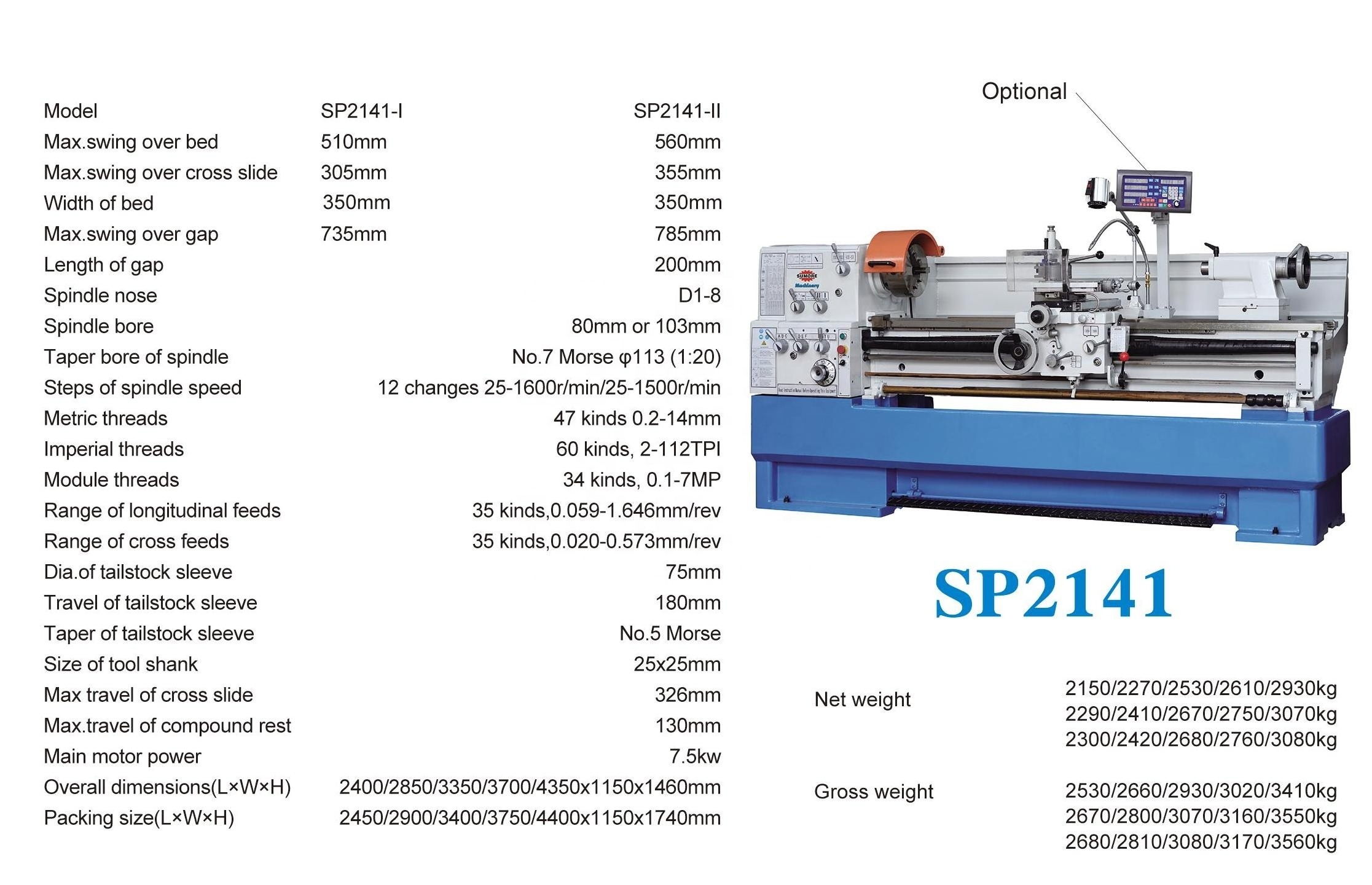 Chinese Engine Lathe Sumore 2023 Cheapest Metal Lathe Machine SP2141-I Industrial Machines Lathes Torno