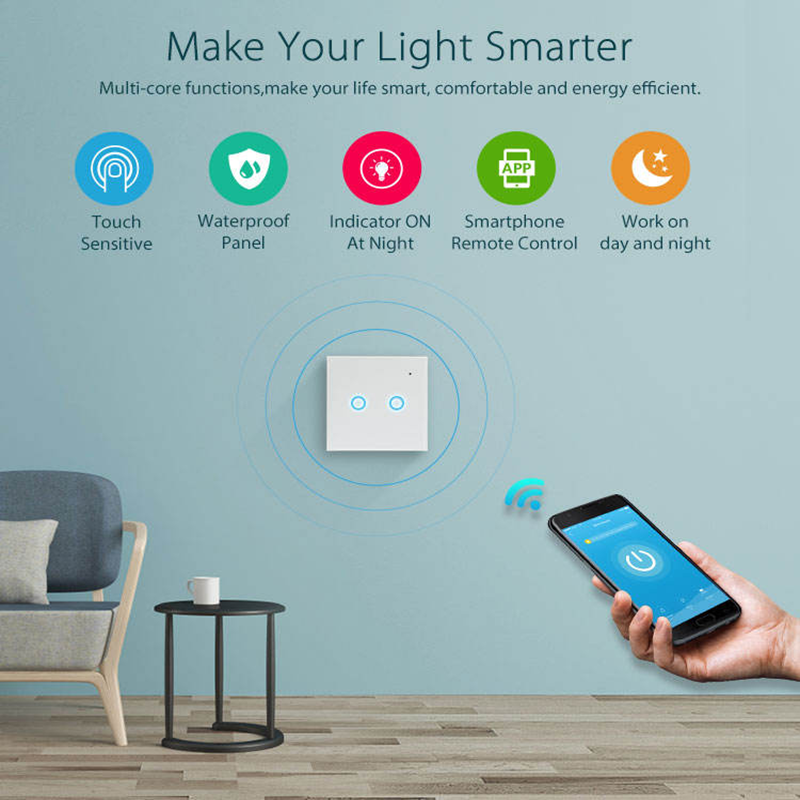 Smart Home Led Light Mirror Touch Sensor Switch Eu Standard 220V Wifi 2 Gang Panel Electrical Switches And Socket