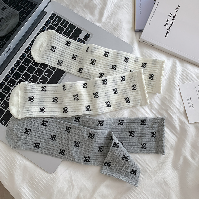 Summer Cotton Thin Sweat-Absorbent Breathable White Sweet Butterfly Bow Tube Piles Women Socks Suit