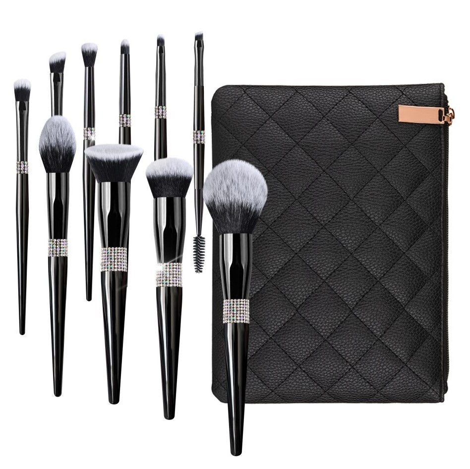 Luxury rhinestone wood refillable hair rhinestone high quality professional black 10pcs black makeup brush