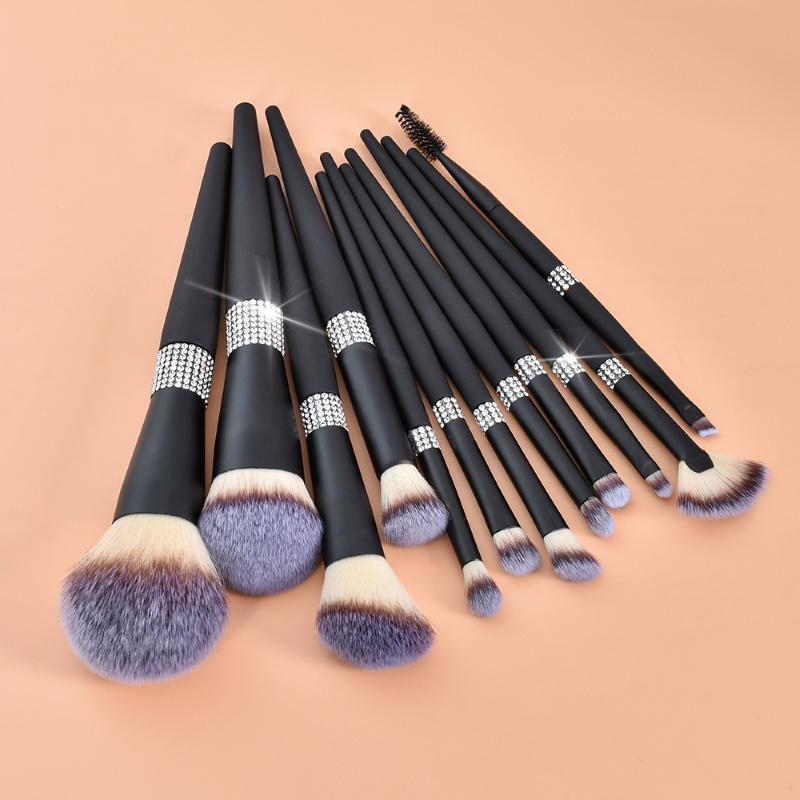 Portable  Black 12Pcs makeup brush set with glitter bling diamond handle foundation custom logo travel makeup make up brushes