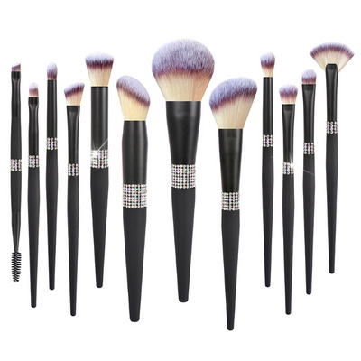 Portable  Black 12Pcs makeup brush set with glitter bling diamond handle foundation custom logo travel makeup make up brushes