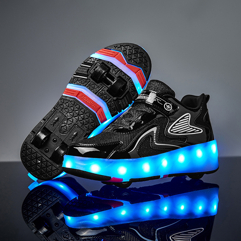 Kids LED USB Charging Kick Roller Skate Shoes With Wheel Light up Rechargeable Roller Sneakers for Girl Boys Children