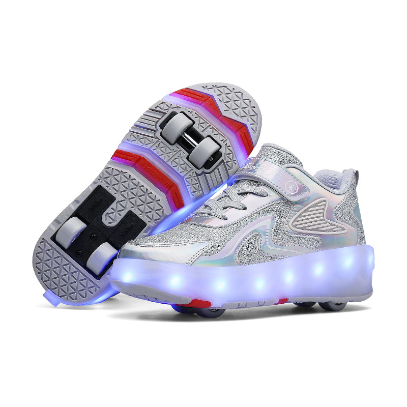 Kids LED USB Charging Kick Roller Skate Shoes With Wheel Light up Rechargeable Roller Sneakers for Girl Boys Children