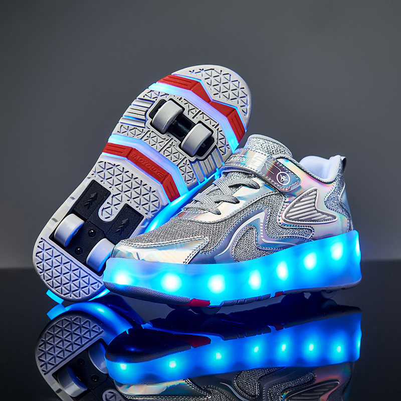 Kids LED USB Charging Kick Roller Skate Shoes With Wheel Light up Rechargeable Roller Sneakers for Girl Boys Children