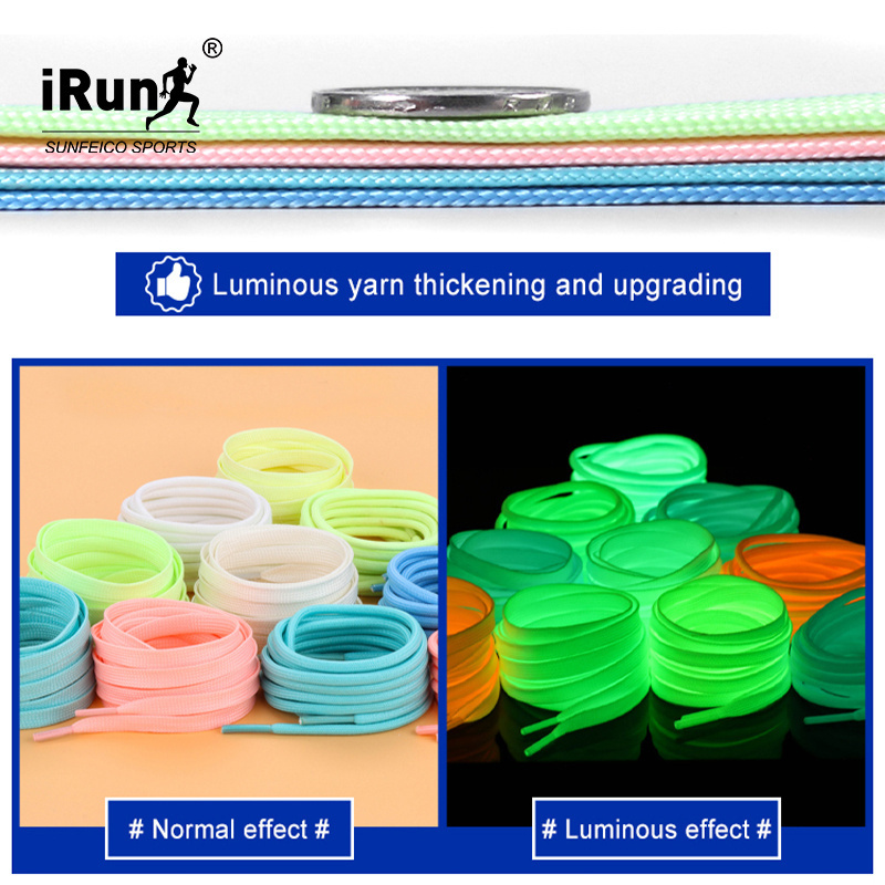 iRun  Wholesale polyester Colorful flat luminous shoelaces Custom Printed  logo luminous laces fashion fluorescent shoe laces