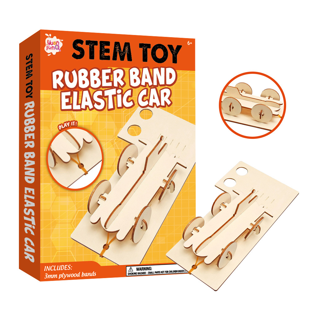 Educational Creative Toy Kids DIY 3d Stem Wooden Puzzles Wooden Elastic Car Assembly Kit