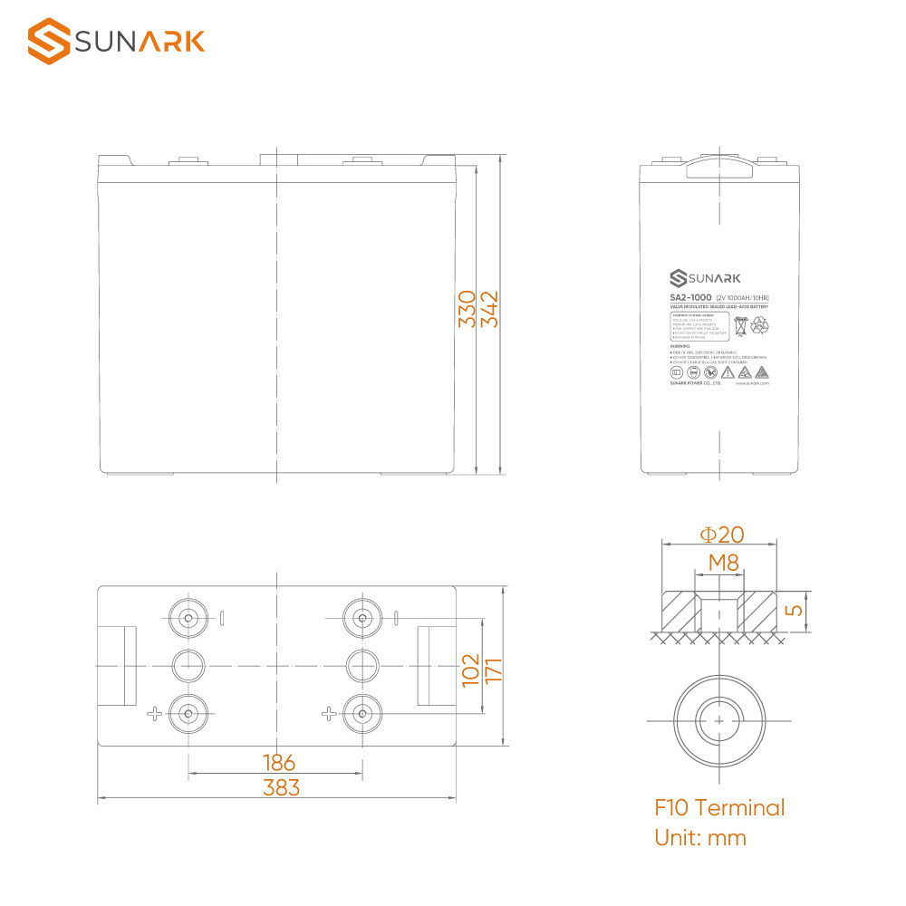 Sunark Rechargeable Lead Acid Gel Storage Battery 2V 1000Ah Deep Cycle Gel Energy Batteries