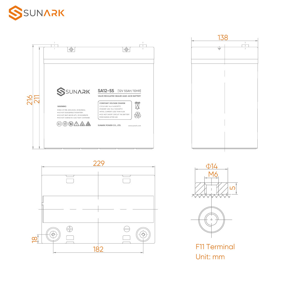 High Quality SunArk Lead Acid 12 Volts 50 Amp Hour Rechargeable 6V 7Ah 20Hr Battery Sealed Lead Acid Battery