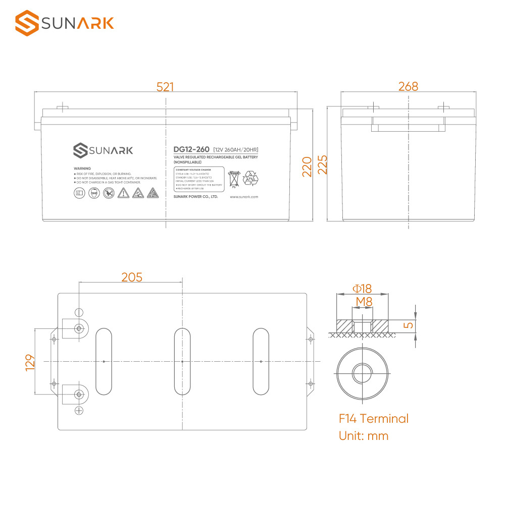 Sunark Batterie Solaire Gel Battery DG 12V 100Ah 150Ah 200Ah 250Ah 300Ah Solar AGM Lead Acid Battery