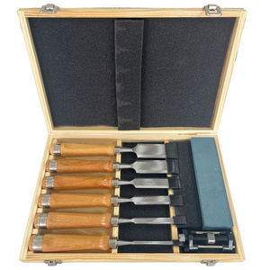 wood working chisel tool set with angle square oil stone and honing guide in wooden case