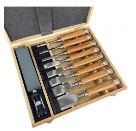 wood working chisel tool set with angle square oil stone and honing guide in wooden case