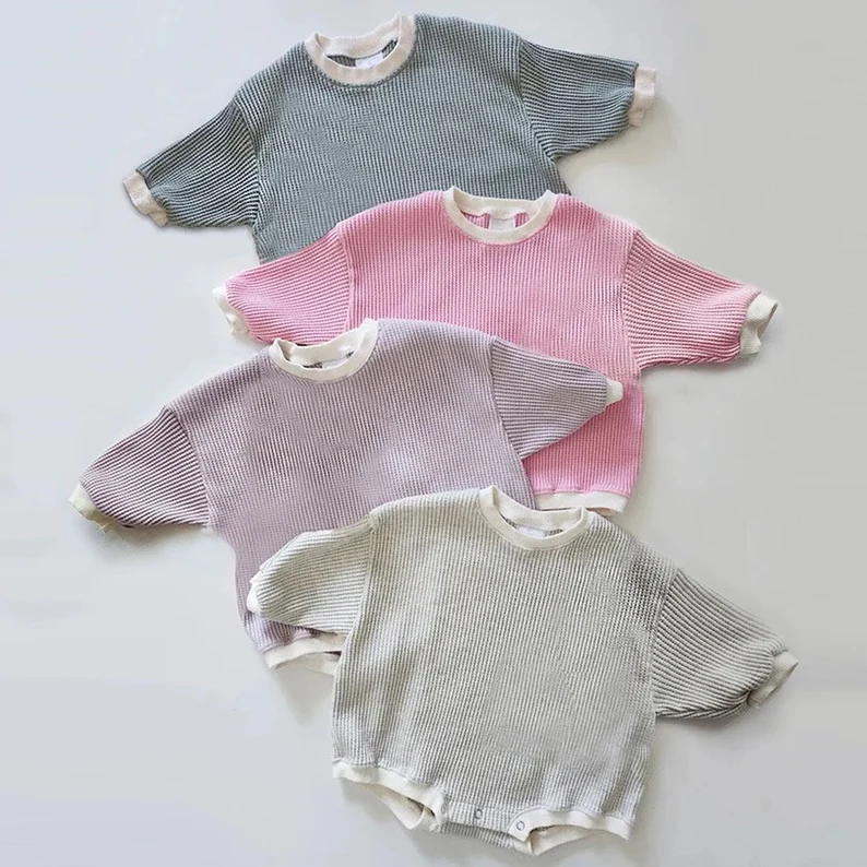 Custom neutral baby clothes romper best baby gift newborn  waffle knit Crewneck sweater onesie bubble  Bodysuit