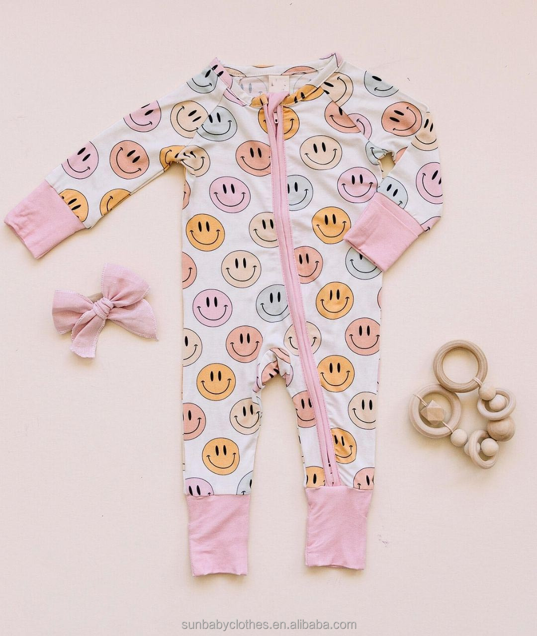 Baby Custom Checker Jumpsuit smile face Zipper Romper Clothes Custom Bamboo Unisex Baby One Piece Pajamas romper