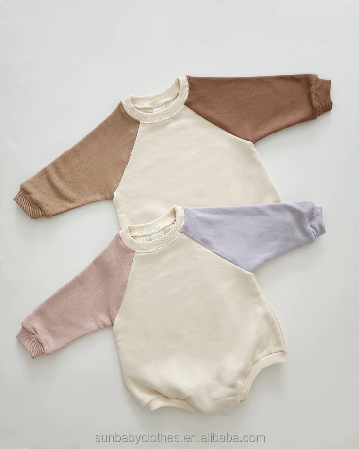 Custom neutral baby clothes romper French terry  contrast sleeves colorblock sweater bubble romper for toddler