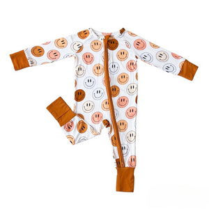 Baby Custom Checker Jumpsuit smile face Zipper Romper Clothes Custom Bamboo Unisex Baby One Piece Pajamas romper