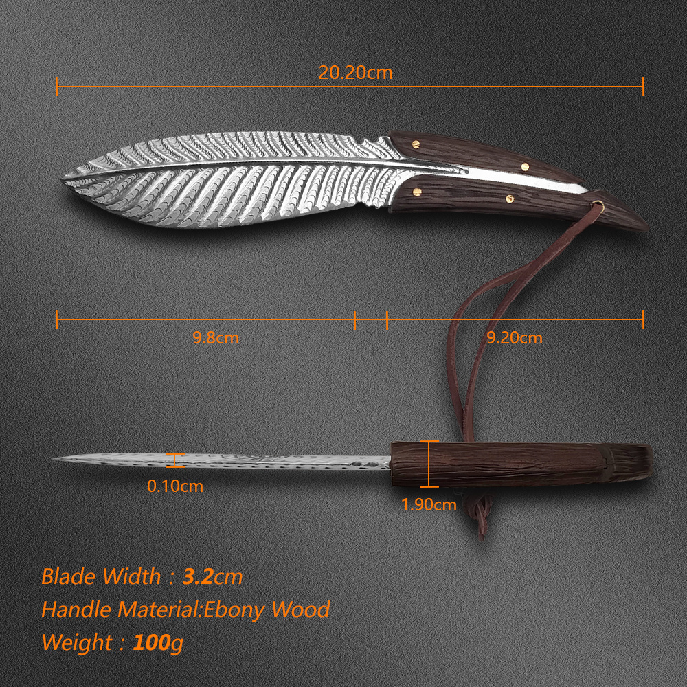 fixed blade outdoor feather design stainless steel blade wooden handle outdoor camping knife