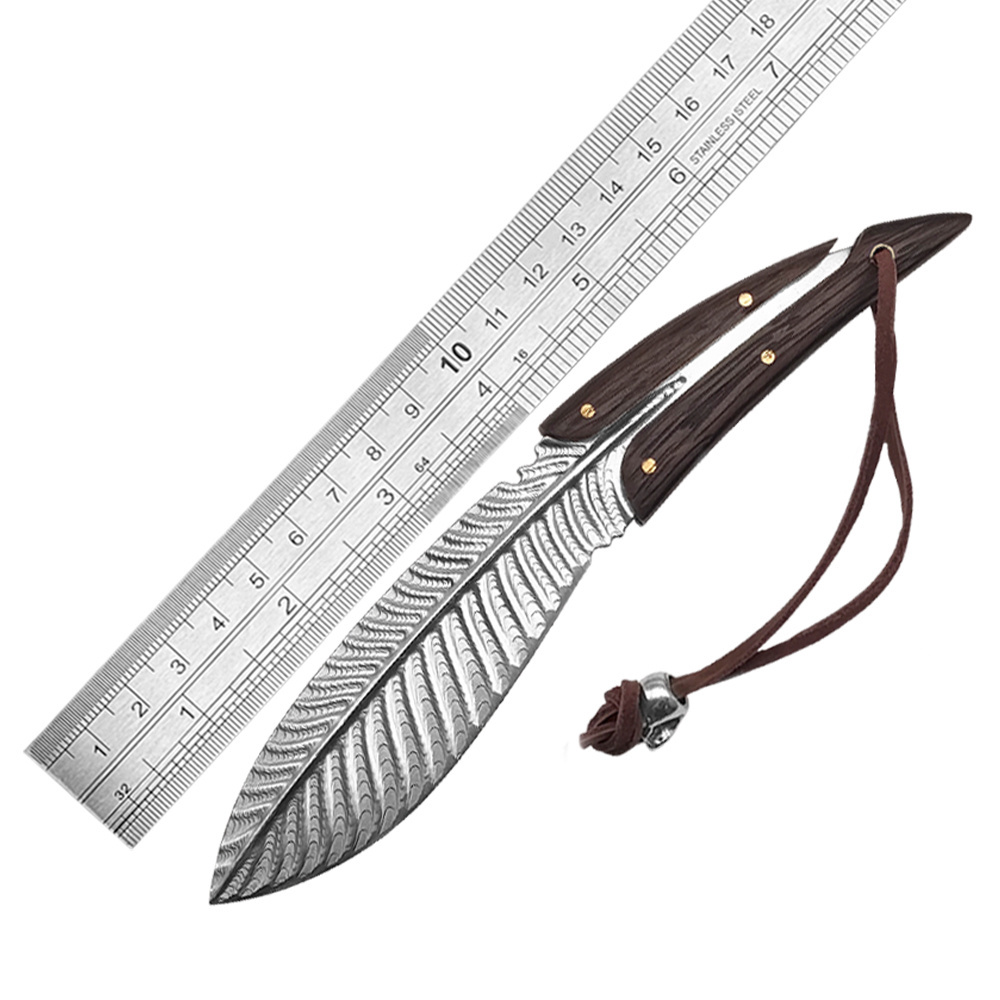 fixed blade outdoor feather design stainless steel blade wooden handle outdoor camping knife