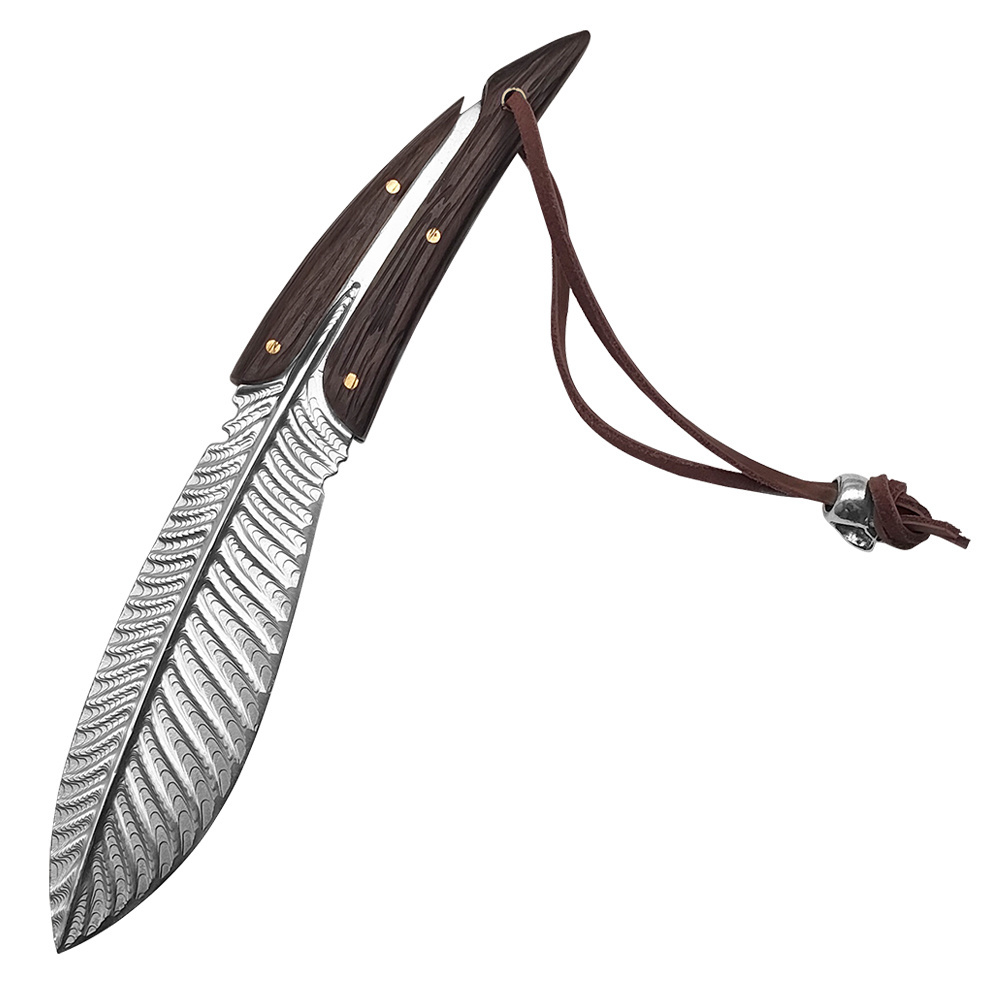 fixed blade outdoor feather design stainless steel blade wooden handle outdoor camping knife