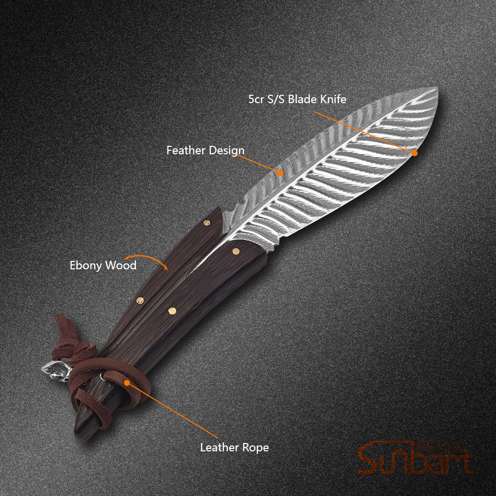 fixed blade outdoor feather design stainless steel blade wooden handle outdoor camping knife