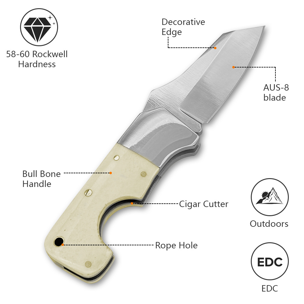 best-selling hand made Aus-8 stainless steel bone handle folding wholesale small knife with cigar cutter