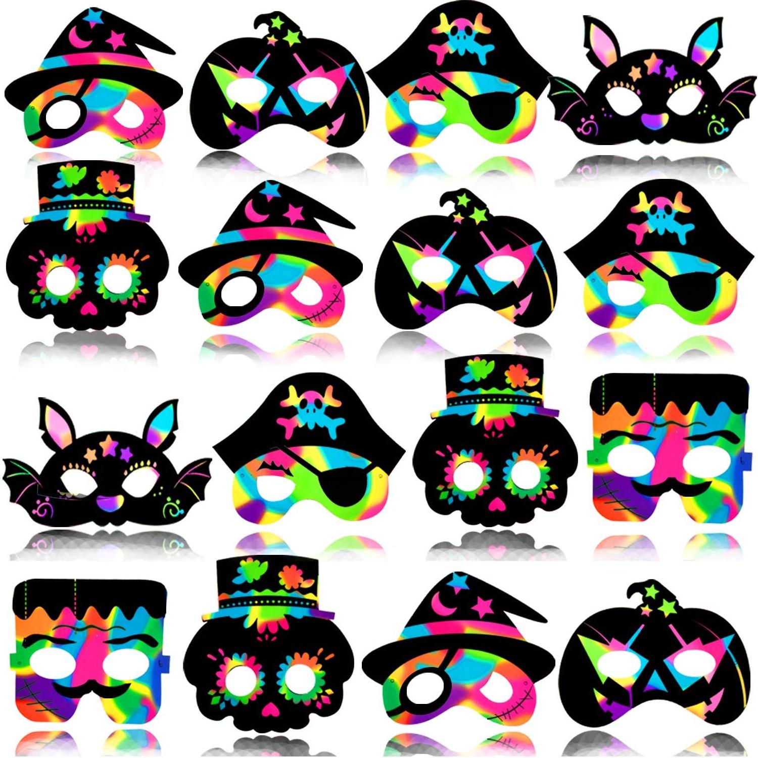 30PCS Halloween Rainbow Scratch Mask Art Craft Kit Bat Zombie Pirate Paper Art Mask for Halloween Party Crafts Decorations