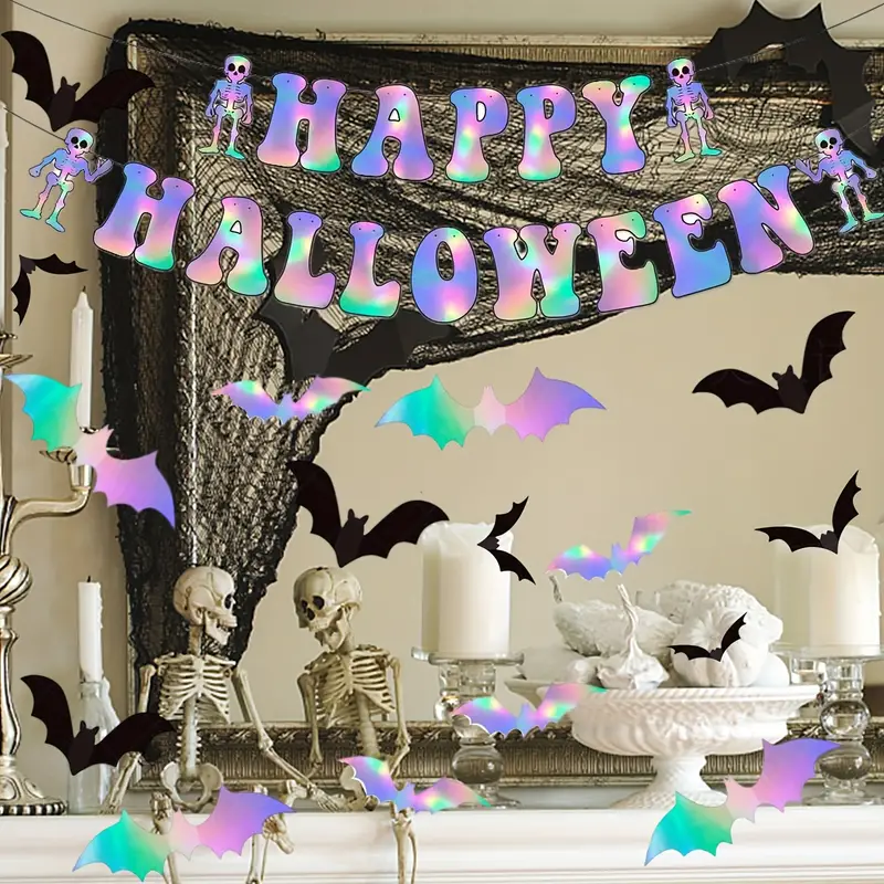 Iridescent Halloween  Hanging 3D Bat Wall Decal Sticker in Holographic Black Silver for Halloween Birthday Party Decorations