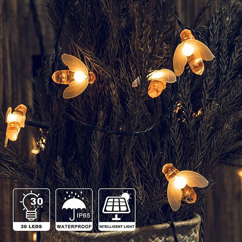 Solar Bee String Lights Outdoor Led Honeybee Fairy Lights with 8 Lighting Modes For Garden Party Decoration