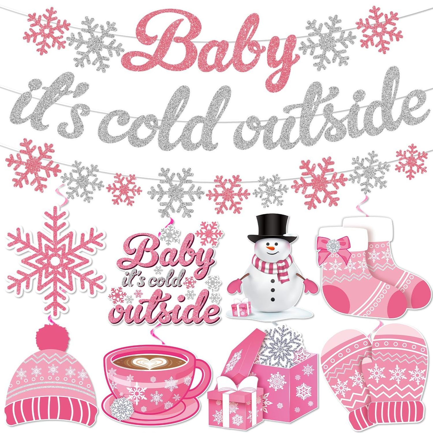 Winter Wonderland Party Decorations Pink Silver Party Banner Christmas Paper Swirl Baby Shower Birthday Decorations