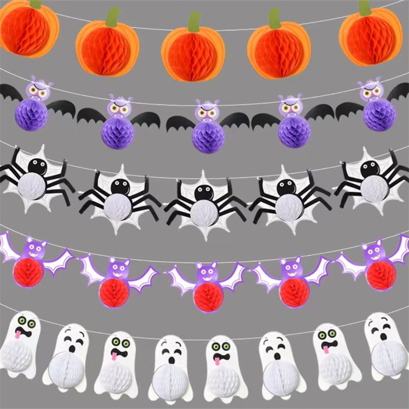 Bat Ghost Head Garland Party Banner Decoration Pumpkin Halloween Honeycomb Flag Halloween Wall Decoration