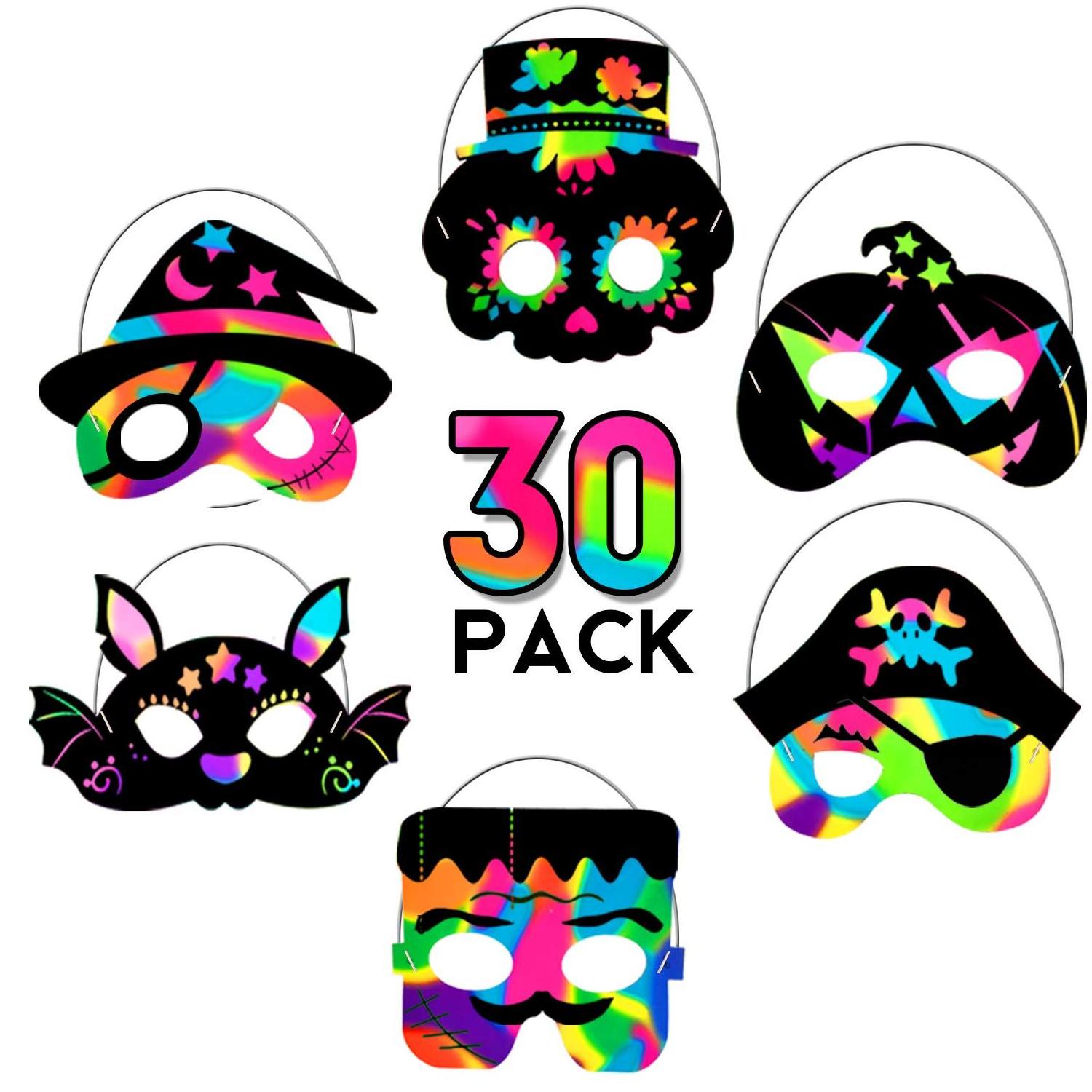 30PCS Halloween Rainbow Scratch Mask Art Craft Kit Bat Zombie Pirate Paper Art Mask for Halloween Party Crafts Decorations